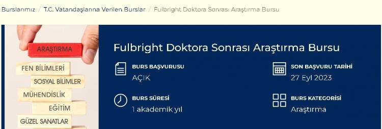 FULBRIGHT DOKTORA SONRASI ARAŞTIRMA BURSU SON BAŞVURU 27 EYLÜL 2023